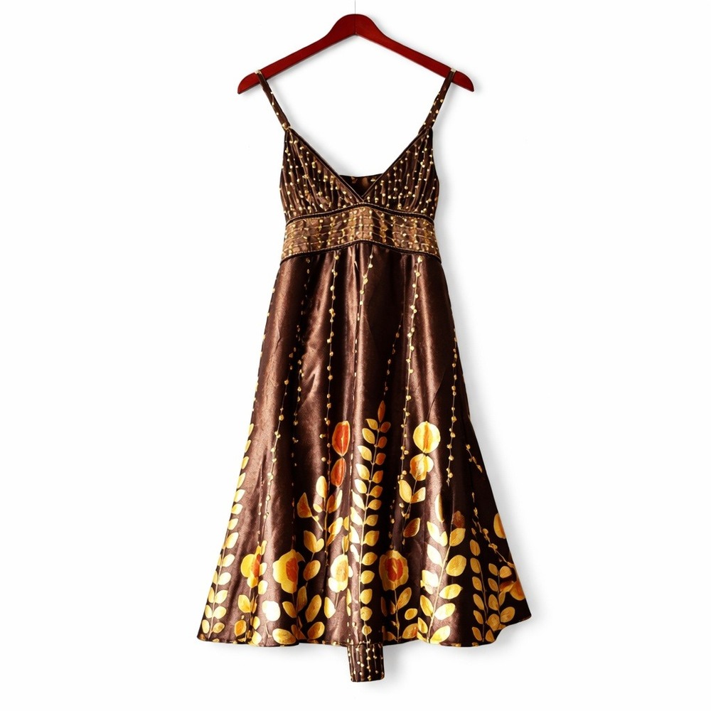 Vtg‎ Wet Seal Satin Brown Yellow Tie-Back Babydoll Strappy Dress L Y2K Revival